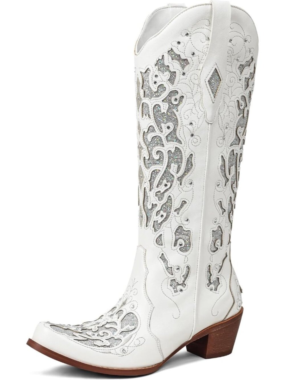Women's White Pointed Toe Pull On Rhinestones Chunky Heel Western Cowgirl Boots